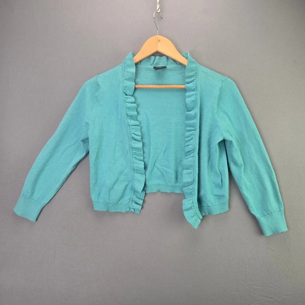 Ann Taylor Cardigan Sweater Ruffle Open Front M Teal Blue Cropped Knit Shrug